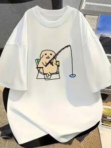 Soft 100% Cotton T-Shirt, Casual Crew Neck T-Shirt, Plus Size For Women, Printed T-Shirt For Women, Printed With A Fun Design Of A Dog Calmly Fishing, Machine Washable, Casual And Versatile, Loose And Comfortable, A Perfect Gift For A Good Friend. Breathable Cotton T-Shirt, Goes With Everything. - 白色 - 查看 6