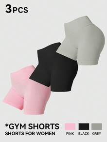 3 Pairs Women's Knit Sports Shorts, Short Design, Suitable For Gym Workout And Exercise Summer - Multicolor - View 9