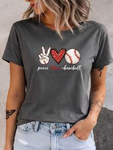 New 2026 Women's Casual Summer T-Shirt, Designed With Peace, Love, And Baseball Motifs - Round Neck, Medium Stretch, Made Of Fabric. XNZI - 黑灰色 - 查看 7