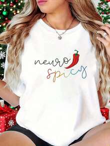 Oversized Short-Sleeve T-Shirt With Colorful Geometric Print And Fun Chili Pepper Design, White Short-Sleeve Crew Neck T-Shirt - Machine Washable, Suitable For Spring, Summer, And Autumn, Casual Style, Comfortable Fit, Modern Design. Women's Casual Short-Sleeve T-Shirt, Standard Size, Basic T-Shirt, 100% Cotton. - 白色 - 查看 6