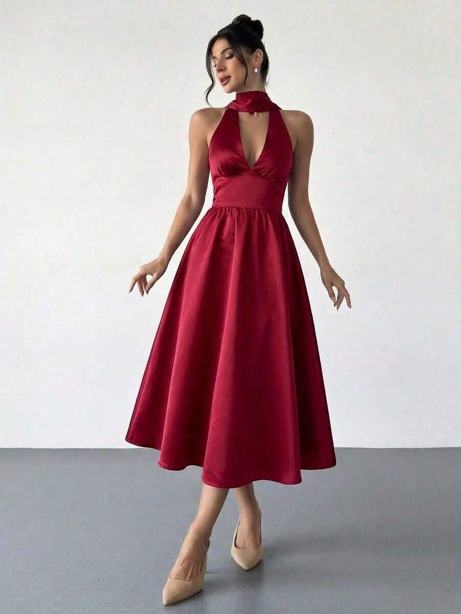 High-Waisted Midi Dress With A V-Neck And Open Back, In A Vintage French Polka Dot Style, Suitable For Valentine's Day, Concerts, Performances, Dates, Banquets, Weddings, Sexy, Elegant, Back To School, Vacation, Beach, Romantic - 粉色 - 查看 1