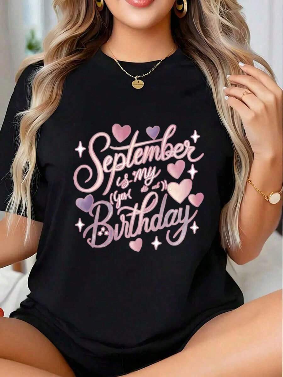 Women's "September Is My Birthday" Graphic T-Shirt, Celebrate Your Birth Month With Heart And Star Design, Perfect For Birthday Gifts And Special Occasions - Vintage Urban Style, Unisex, Cotton, Short Sleeve, Crew Neck, 100% Cotton - 黑色 - 查看 1