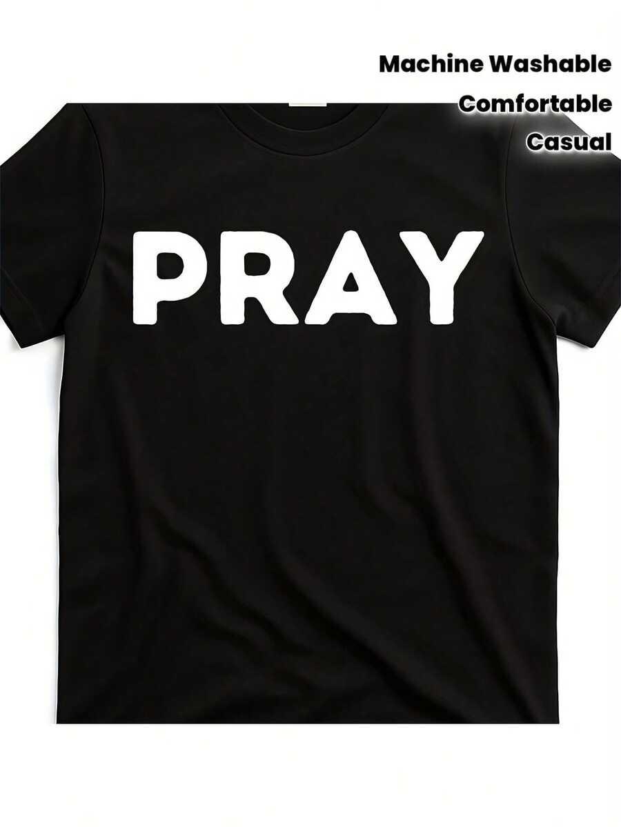 Men's Soft And Breathable Cotton T-Shirt With Prayer Pattern Print - Casual Short-Sleeve Crew Neck T-Shirt, Machine Washable, Comfortable And Unisex, Suitable For Daily Wear, Gifts And Outdoor Activities - The Perfect Choice For Casual Wear. - 黑色 - 查看 1