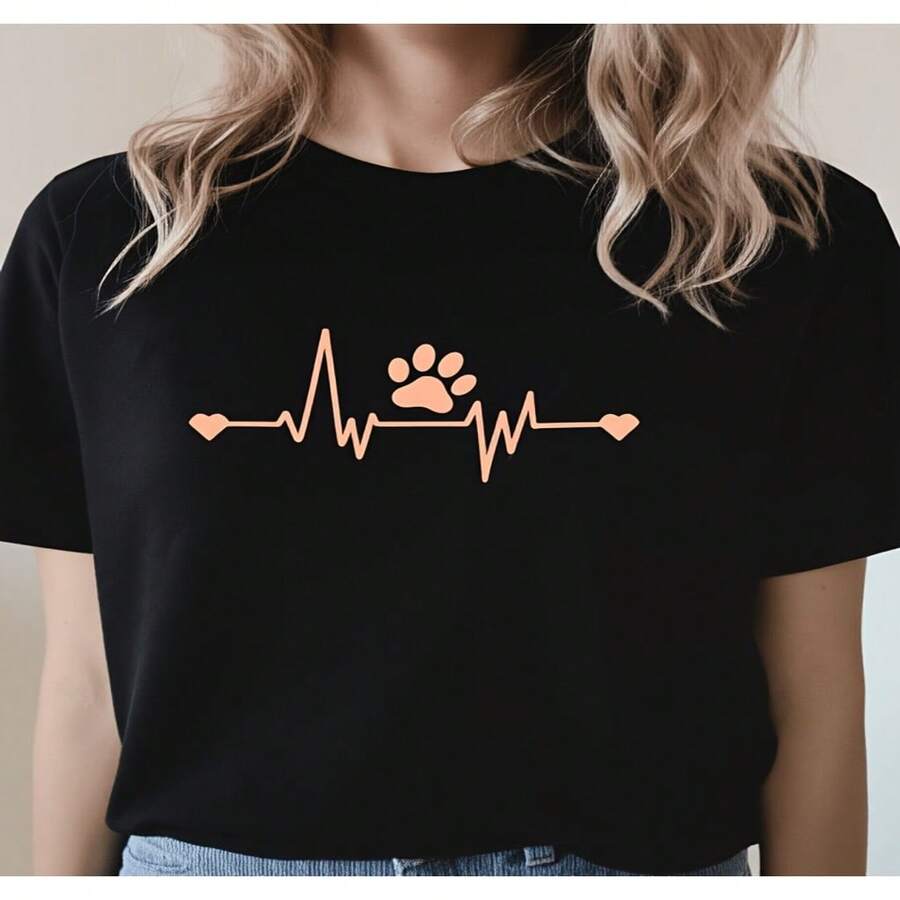 Women's T-Shirt With Heart Rate And Paw Print, Casual Style For Pet Lovers, Ideal For Dog Owners, 2D Everyday Wear, Loose Fit T-Shirt For Women, Casual Design, Slightly Fitted Loose Cut S-XXXL - 黑色 - 查看 1