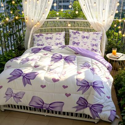 3pcs Set, White Background Purple Bow Pattern, Purple Lining Fabric, All Season Thick Comforter. Includes 1pc 200g Filling Comforter + 2pcs Pillow Covers (Pillow Insert Not Included). Comfortable & Breathable, Suitable For Bedroom And Dorm Bedding Set.
