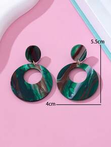 1 Pair Fashionable Ombre Green Patterned Acrylic Geometric Water Drop Round Dangle Earrings, Suitable For Daily Wear - Green - View 4