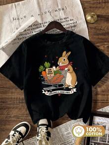 Women's Oversized Graphic Tee, Cute And Fun Print Of A Rabbit Shopping At The Supermarket, Breathable Summer Casual Wear For Everyday Use, Soft And Comfortable Streetwear Tee, S-XXL Black White - [] - 查看 1
