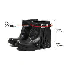 Black Striped Buckle Tassel Rivet Punk European And American New Chunky Heel Square Toe Comfortable Versatile Vacation Street Office Commute Daily Casual Ankle Boots For Women, Suitable For All Seasons - Black - View 8
