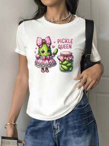 Ilustración de cactus adorable con lazo rosa vestido y frasco de pepinillos que simboliza dulzura y diversión camiseta para mujer , casual cómoda - Blanco - Ver 1