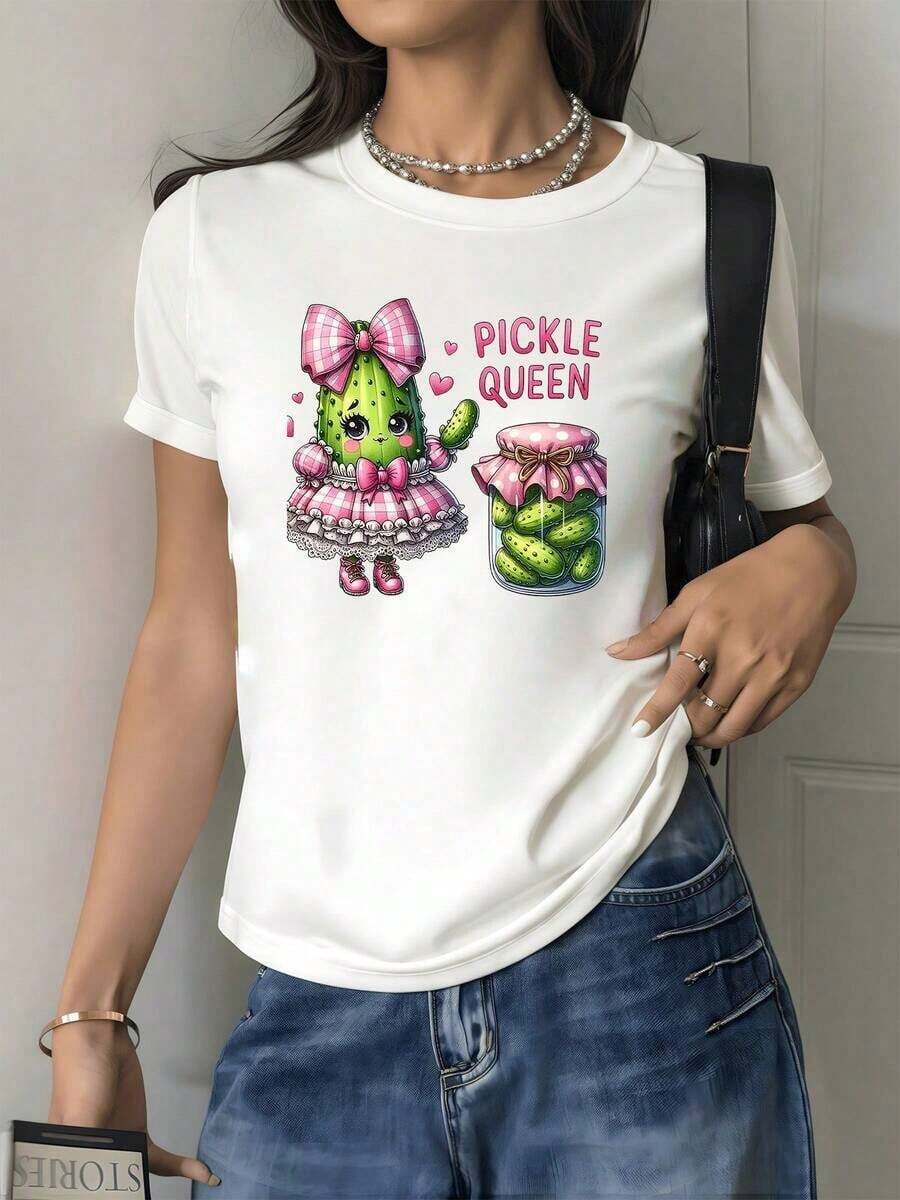 Ilustración de cactus adorable con lazo rosa vestido y frasco de pepinillos que simboliza dulzura y diversión camiseta para mujer , casual cómoda - Blanco - Ver 1