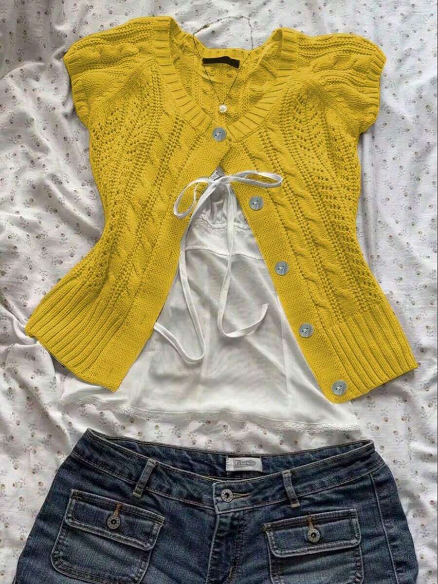Nuevo cárdigan vintage con botones delanteros y tejido de punto calado - Amarillo - Ver 1