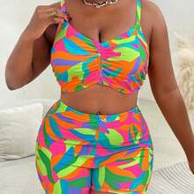 3pcs Plus Size Swimwear Set, Includes Swimwear, Cover-Up, Random Floral Print, Casual Summer Beach Outfit For Women - Multicolor - Ver 4
