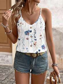 Blusa de tirantes finos con estampado floral para mujer, escote en V con botones delanteros, tela ligera y transpirable, perfecta para uso diario, salidas casuales, brunch, compras y vacaciones - Blanco - Ver 5