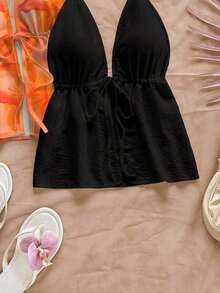 Set de 2 piezas de top de cuello halter con estampado de leopardo y negro liso, apropiado para verano y primavera en la playa - Multicolor 3 - Ver 5