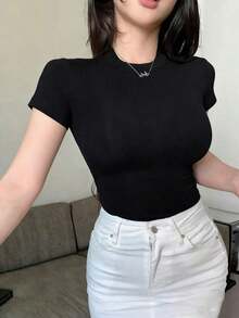 Camiseta casual de verano para mujer con cuello alto, manga corta, ajustada y envolvente, de uso versátil, ropa de vuelta al colegio - Negro 4 - Ver 2