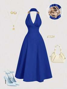 MOD Vestido de mujer de unicolor con escote halter y espalda descubierta de largo medio - Azul y blanco - Ver 10