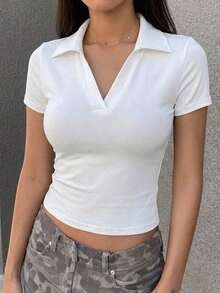 Camiseta casual de manga corta de ajuste ceñido, cuello de polo, lisa para mujer - Blanco 5 - Ver 2