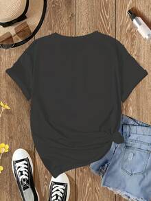 E012 [New Short Sleeve T-Shirt With Round Neck And Floral Print] Summer Casual Sports Top, Pure Cotton, Machine Washable HNDL - 黑色 - 查看 2