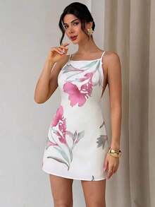 Vestido casual de mujer con estampado floral amarillo, tirantes finos y espalda descubierta, vestido suelto de estilo hawaiano para vacaciones, vestidos de verano amarillo mantequilla para mujeres - Beis - Ver 4