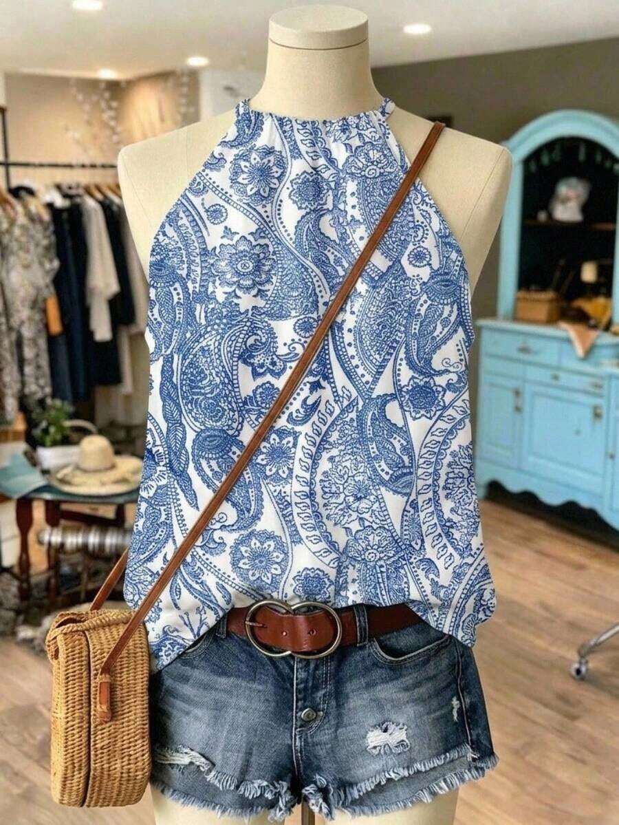 Top sin mangas con cuello de halter y estampado floral minimalista para mujer, adecuado para primavera/verano - Multicolor 2 - Ver 1