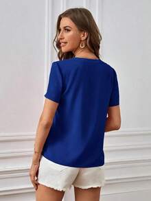 Blusa casual de mujer de unicolor con cuello en V y manga corta - azul real - Ver 2
