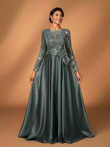 y lujoso vestido de manga larga transparente con bordado de encaje floral, con perlas y lazo con diamantes, con vuelo.Adecuado para boda, fiesta, vacaciones, baile de graduación, vestido de noche para novia, madre de la novia - Verde militar - Ver 2