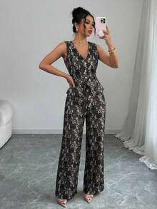Nuevo traje de encaje casual y elegante para mujer, con contraste de color de encaje y botones de perla, adecuado para el Día de San Valentín, Halloween, vuelta al colegio, primavera/verano, traje de oficina profesional, atuendo de maestra, trayec - Caqui - Ver 7