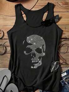 LUNE Camiseta de tirantes casual con estampado gráfico de calavera y rhinestones para Halloween, camiseta de tirantes, verano, casual - Negro - Ver 6