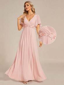 Elegante vestido de dama de honor de gasa con cuello en V, mangas con volantes bordados y plisados, vestido de noche formal para invitados de boda - Rosa 3 - Ver 3