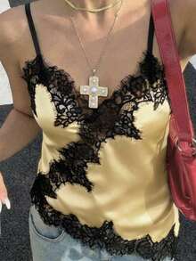 Top de camisola de encaje de lujo| Encaje de contraste + tela suave, sexy y favorecedora para el verano - Amarillo - Ver 3
