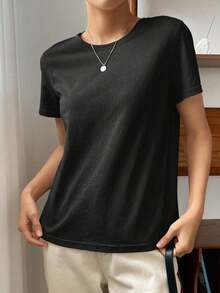 Camiseta Sólida Con Cuello Redondo - Negro - Ver 5