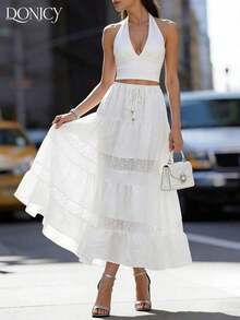 DONICY Falda larga con encaje blanco de talle alto y diseño por capas, adecuada para uso en primavera/verano, elegante y versátil, ideal para citas, cafés y ocasiones casuales. Apropiada para el Día de San Valentín, carnavales - Negro - Ver 4