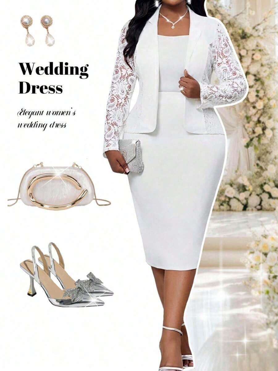 Lady Traje elegante de blazer y vestido de manga larga con cuello de solapa y encaje en contraste para mujer de talla grande - Blanco 3 - Ver 1