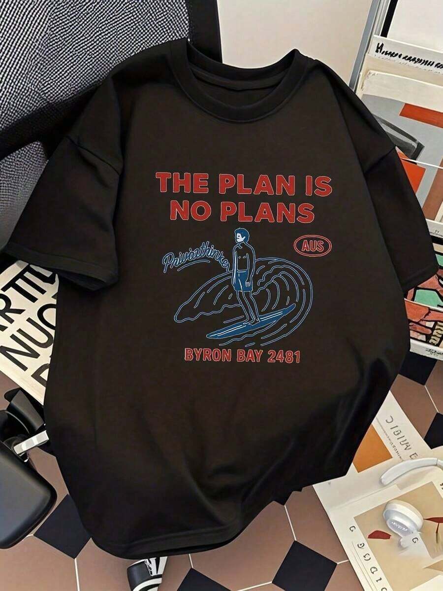 Limited Edition: Men's Casual Short Sleeve T-Shirt - Breathable Summer T-Shirt With "Plan Is No Plans" Graphic Print, Relaxed Fit, Crew Neck, Comfortable For Everyday Wear, Lightweight Cotton - 黑色 - 查看 1