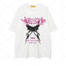 Thick Cotton Short-Sleeved T-Shirt With Letter And Butterfly Print, American Retro Hip-Hop Style, For Men And Women Couples. - 黑色 - 查看 1