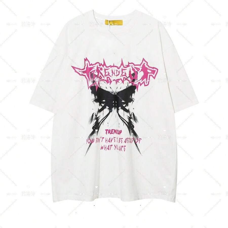 Thick Cotton Short-Sleeved T-Shirt With Letter And Butterfly Print, American Retro Hip-Hop Style, For Men And Women Couples. - 黑色 - 查看 1