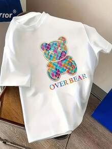 Women's "Super Bear" T-Shirt - Casual White Round Neck Short Sleeve Blouse With Colorful Bear And Flower Design, Machine Washable, Spring/Summer Fashion, Soft Texture T-Shirt - [白色的] - 查看 2