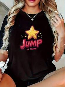 Cuello Redondo Talla Grande - Camiseta Negra Ajustada para Mujer - Camiseta con Estampado "Jumping Star" llamativo, top ligero para el verano, ideal para fiestas, disfraces y uso casual - Camisa casual de tela no transparente, ropa de fiesta, cuello redondo, material no transparente, moda de primavera, estampado geométrico, ajuste cómodo, camisa elegante, blusas casuales para mujer. - Negro - Ver 1