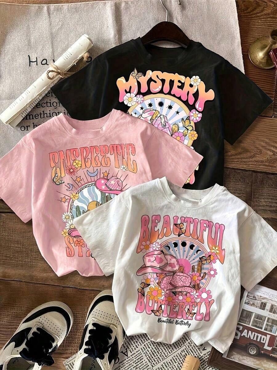 3 Three styles Nuevo modelo 2026, 1 conjunto de una pieza para mujer, top corto de cuello redondo con estampado de mariposas, estilo casual. - Blanco - Ver 1