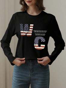 Camiseta de manga larga personalizada para mujer Z-Gen, nueva colección de primavera, con estampado de la bandera estadounidense, cuello redondo informal, versátil para usar en capas, negra - Camiseta unisex de manga corta, cuello redondo, de algodón suelto, estilo vintage urbano. - Negro - Ver 2