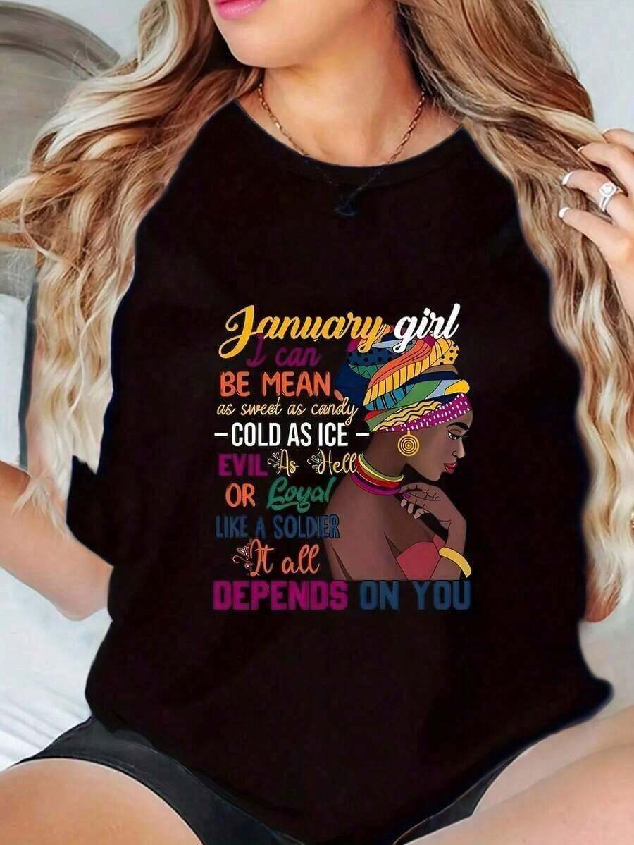 100% Cotton 100% Cotton January Is My Birthday Special Graphic T-Shirts Short Sleeve Plus Size Cool Clothes G Soft Women's Simple Solid Color T-Shirt, Loose And Slim Fit Casual Short Sleeve - 黑色 - 查看 1