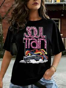 Women's Casual T-Shirt, "The Soul Train" Graphic Design In Vibrant Colors, Short Sleeve, Comfortable For Casual And Elegant Outfits, Lightweight And Breathable, Machine Washable, Regular Fit, Crew Neck, 100% Cotton, Durable - 黑色 - 查看 1