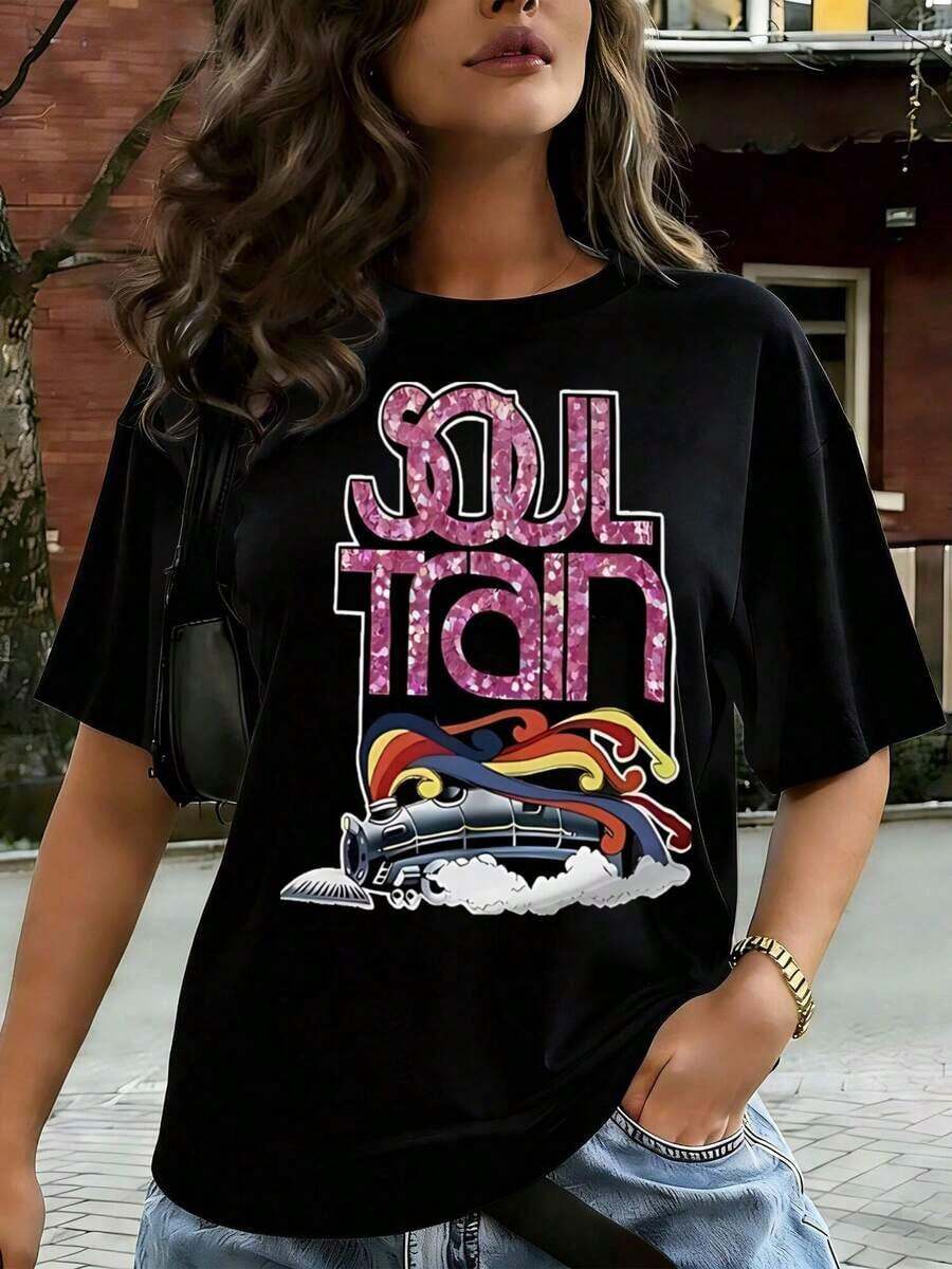 Women's Casual T-Shirt, "The Soul Train" Graphic Design In Vibrant Colors, Short Sleeve, Comfortable For Casual And Elegant Outfits, Lightweight And Breathable, Machine Washable, Regular Fit, Crew Neck, 100% Cotton, Durable - 黑色 - 查看 1