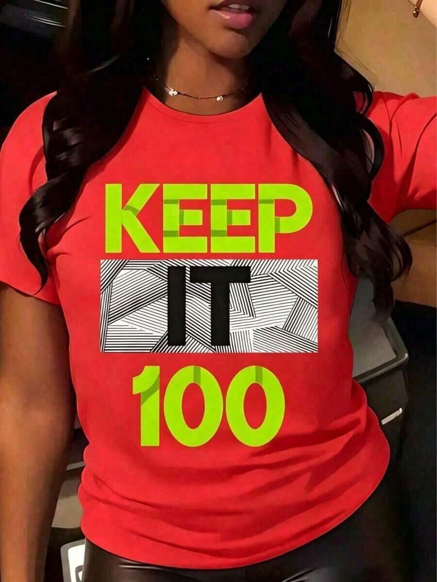 "Keep It 100" Graphic T-Shirt For Women - Neon Green Text With Bold Design - Casual Crew Neck T-Shirt For Everyday Wear - Unisex, Suitable For Everyday Casual Outfits, Short Length Summer T-Shirt, Retro Print T-Shirt Y2K, Elegant Party Outfit, T-Shirt For Elegant Ladies, Blouses Suitable For Curvy Women, Prom Skirts, Casual Wear, Adorable Animal Print, Fun Letter Print - 紅色 - 查看 1