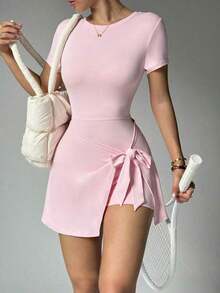 Vestido deportivo de verano rosa para mujer, con diseño esencial para yoga, running, pilates, ir al trabajo, citas, playa, con elástico, sexy, cómodo, de manga corta, espalda descubierta, control de abdomen, levantamiento y moldeado de la cintura, vigor juvenil - Púrpura malva - Ver 11
