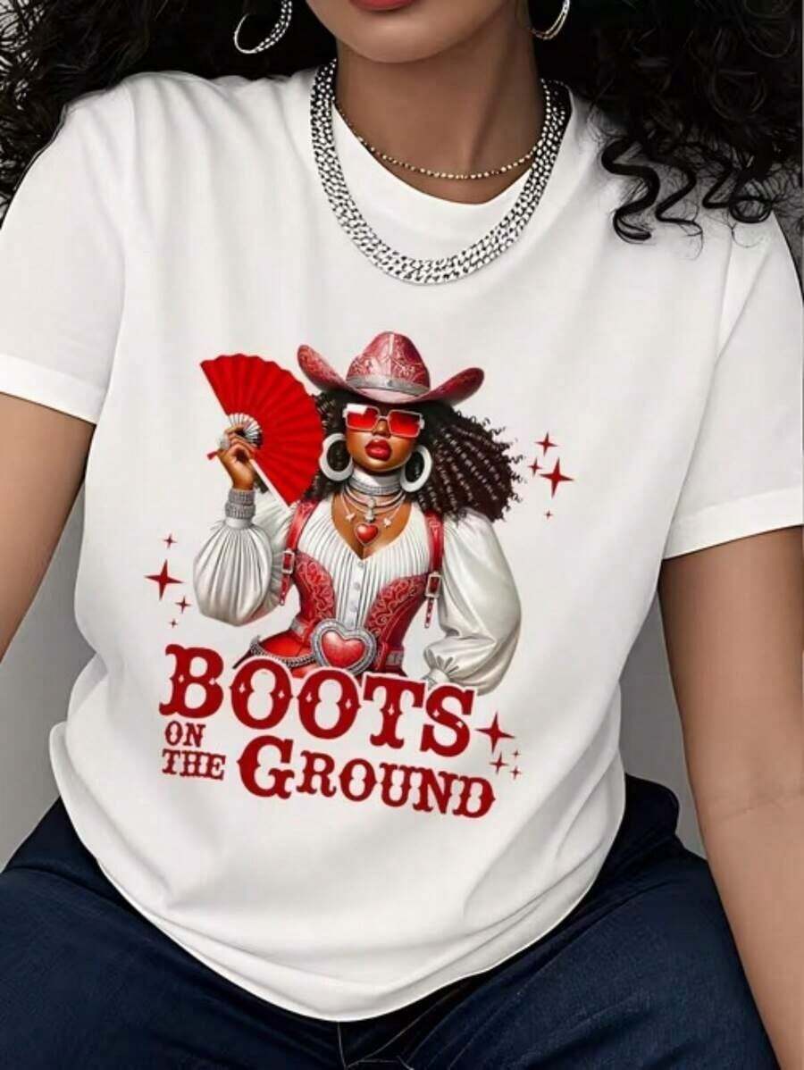 Playera casual para mujer, top deportivo de manga corta para uso diario, estampada con el eslogan "Stylish Cowgirl With Boots On The Ground", adecuada para vacaciones y uso diario casual. - Blanco - Ver 1