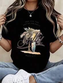 Camiseta de Moda para Mujer con Estampado de Palmera y Tabla de Surf, Versículo Bíblico Mateo 5:13, para Playa y Uso Casual de Verano Adecuado como regalo. playera de mujer. blusas>elegantes. boho chic,Top de mujer suave, transpirable y cómodo, ideal para primavera, verano y otoño, perfecto para vacaciones, viajes y uso diario. - Negro - Ver 1