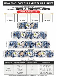 1 Pc Blue Floral & Butterfly Print Table Runner Elegant Watercolor Rose Design Polyester Table Flag Washable Dining Table Decor For Kitchen Farmhouse Wedding Party - Blue - View 2