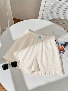 Set de 3 piezas de shorts casuales sueltos con cordones, volantes y bordados para mujeres, de unicolor, a rayas y con estampado de parches, adecuado para uso diario, citas, fiestas, otoño/invierno/verano, Navidad, Año Nuevo, Acción de Gracias, fie - Multicolor - Ver 4