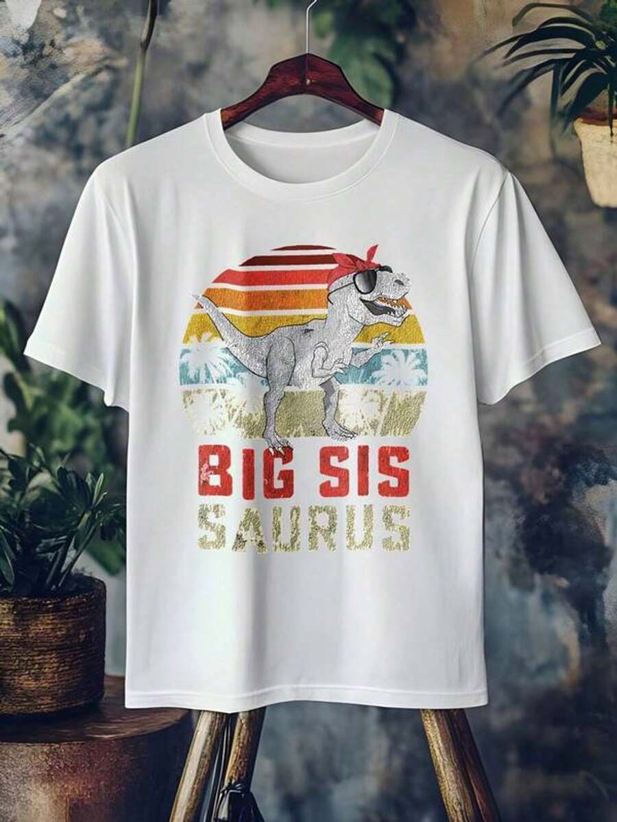 Women's Casual Short Sleeve Crew Neck T-Shirt With Print Sister Saurus Dinosaur Sunset Palm Tree S-3XL Fashionable, Comfortable And Breathable, Machine Washable - 白色 - 查看 1